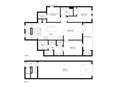 A floor plan of a two level home with a garage.